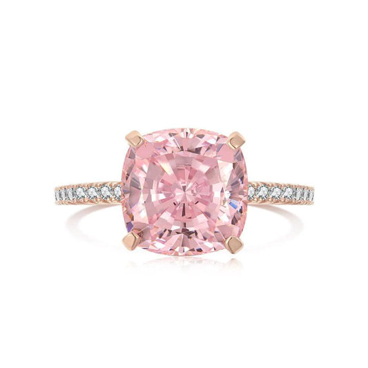 Rose Gold Peachy Pink Stone Cushion Cut Engagement Ring With Double Halo - Camillaboutiqueco