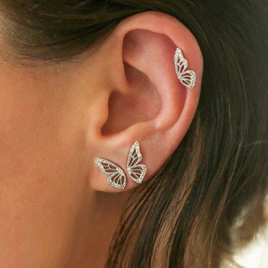 Silver Butterfly Wing Double Piercing Earrings - Camillaboutiqueco