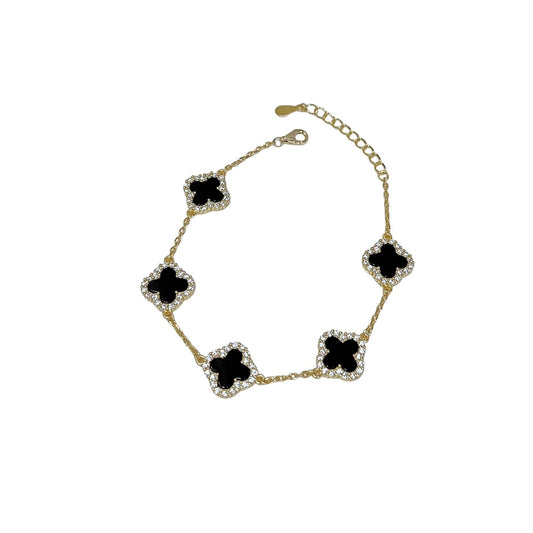 Sterling Silver Diamond Black Onyx Clover Bracelet - Camillaboutiqueshop