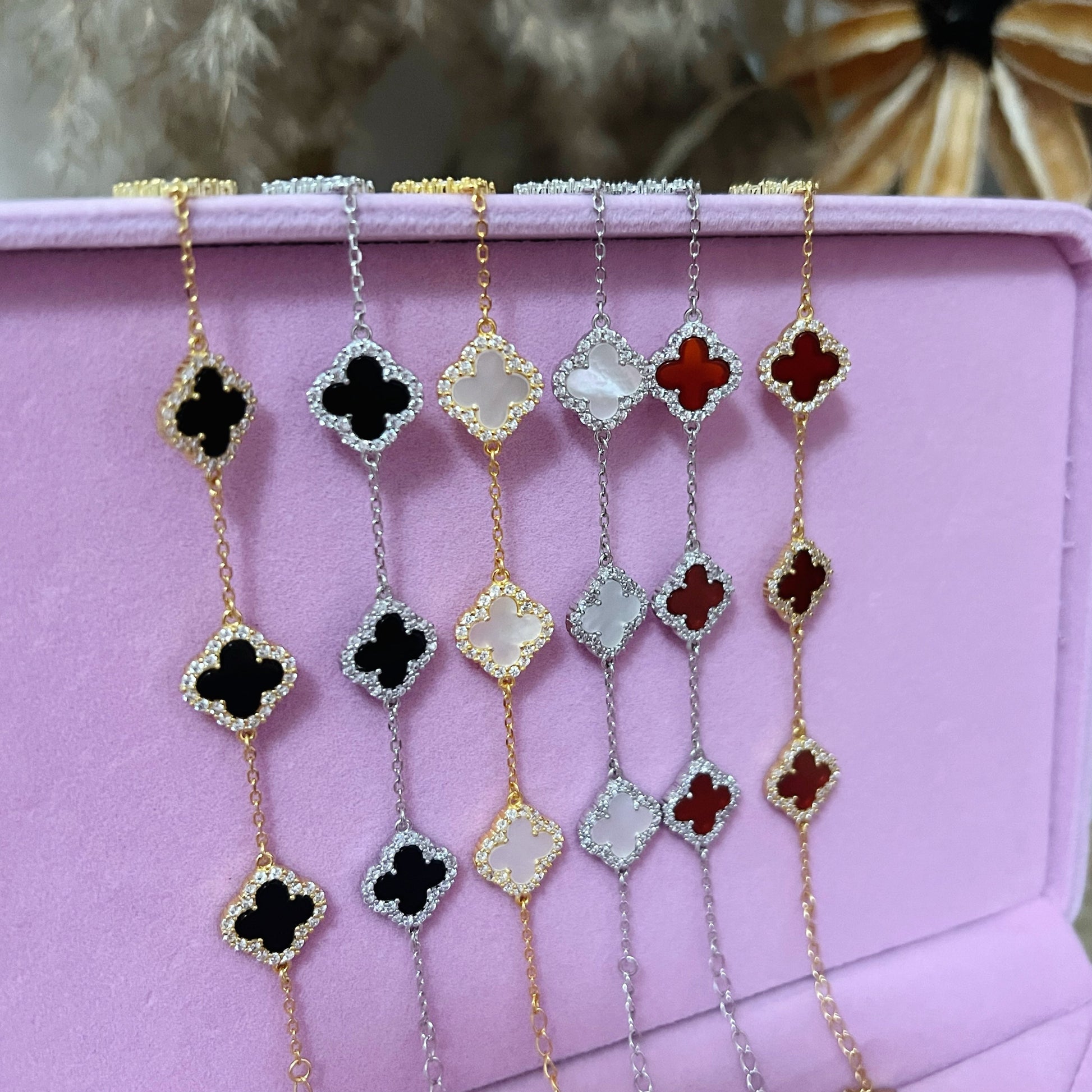 Sterling Silver Diamond Black Onyx Clover Bracelet - camillaboutiqueshop