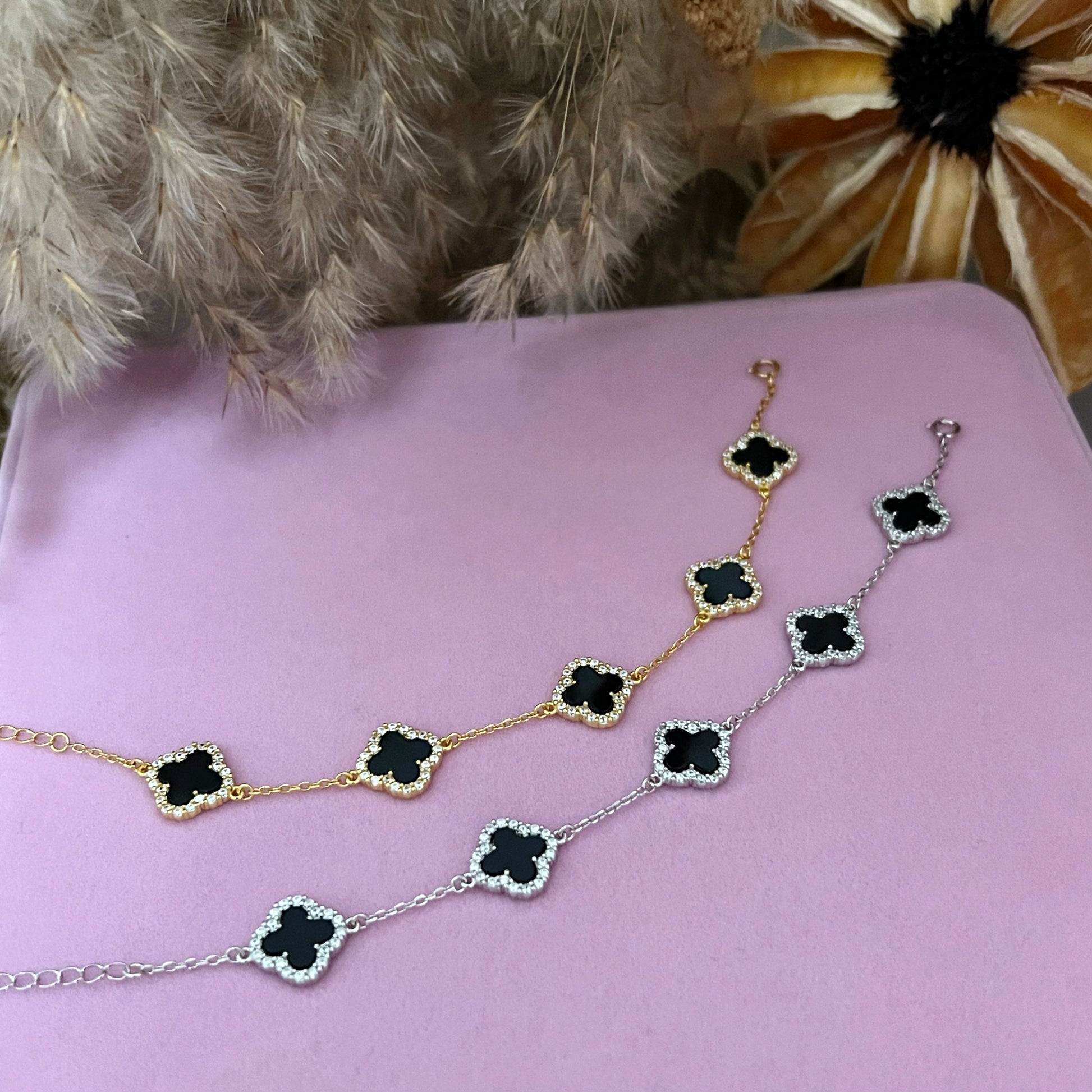 Sterling Silver Diamond Black Onyx Clover Bracelet - camillaboutiqueshop