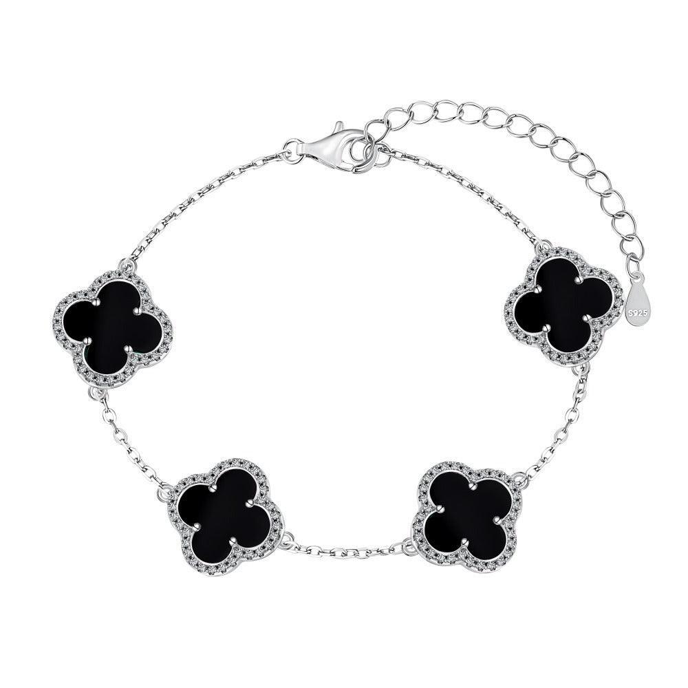 Sterling Silver Diamond Black Onyx Clover Bracelet - Camillaboutiqueshop