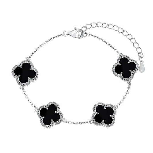Sterling Silver Diamond Black Onyx Clover Bracelet - Camillaboutiqueshop