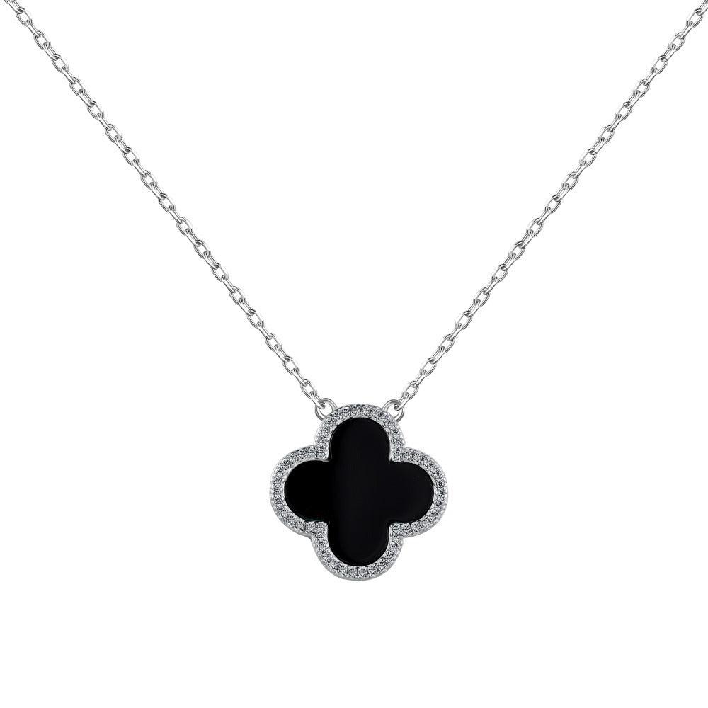 Sterling Silver Diamond Black Onyx Clover Necklace - Camillaboutiqueshop