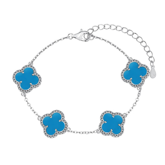 Sterling Silver Diamond Blue Agate Clover Bracelet - Camillaboutiqueshop