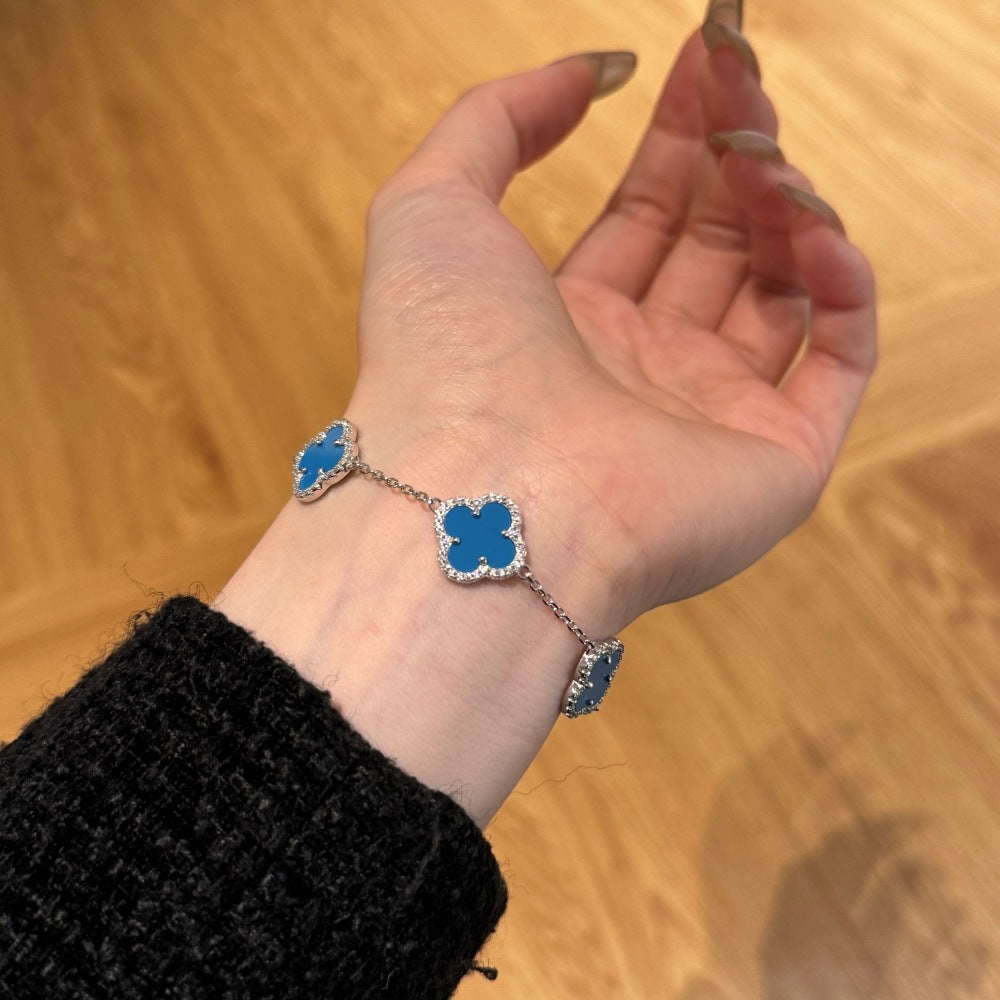 Sterling Silver Diamond Blue Agate Clover Bracelet - Camillaboutiqueshop