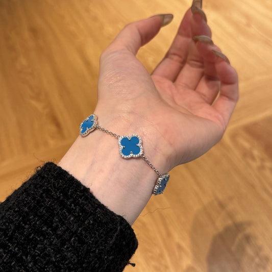 Sterling Silver Diamond Blue Agate Clover Bracelet - Camillaboutiqueshop