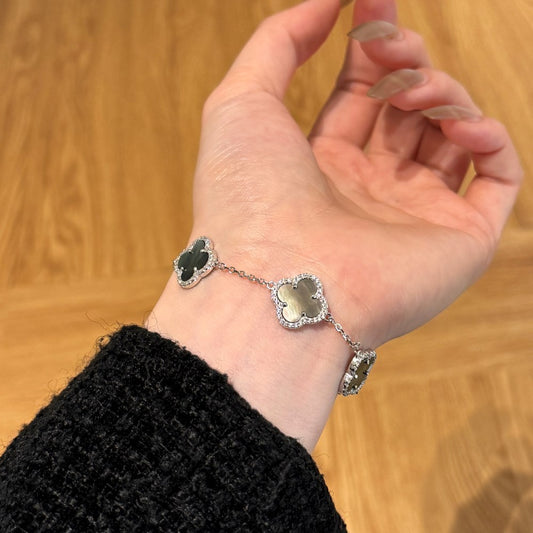 Sterling Silver Diamond Grey Mother Of Pearl Clover Bracelet - Camillaboutiqueshop