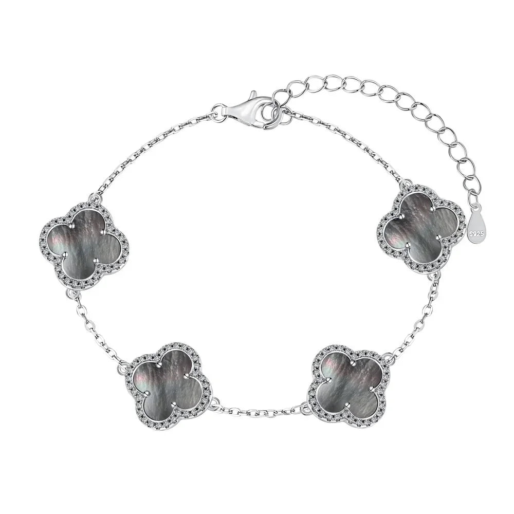 Sterling Silver Diamond Grey Mother Of Pearl Clover Bracelet - Camillaboutiqueshop