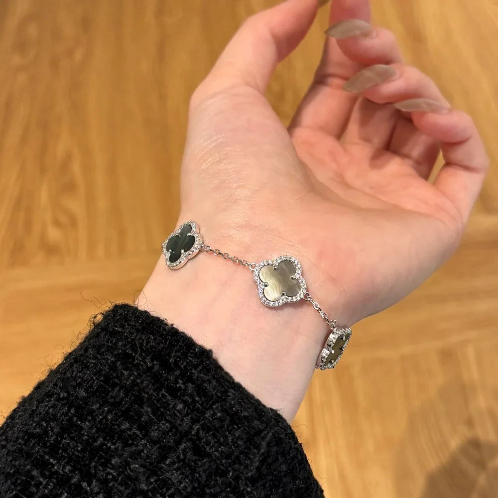 Sterling Silver Diamond Grey Mother Of Pearl Clover Bracelet - Camillaboutiqueshop