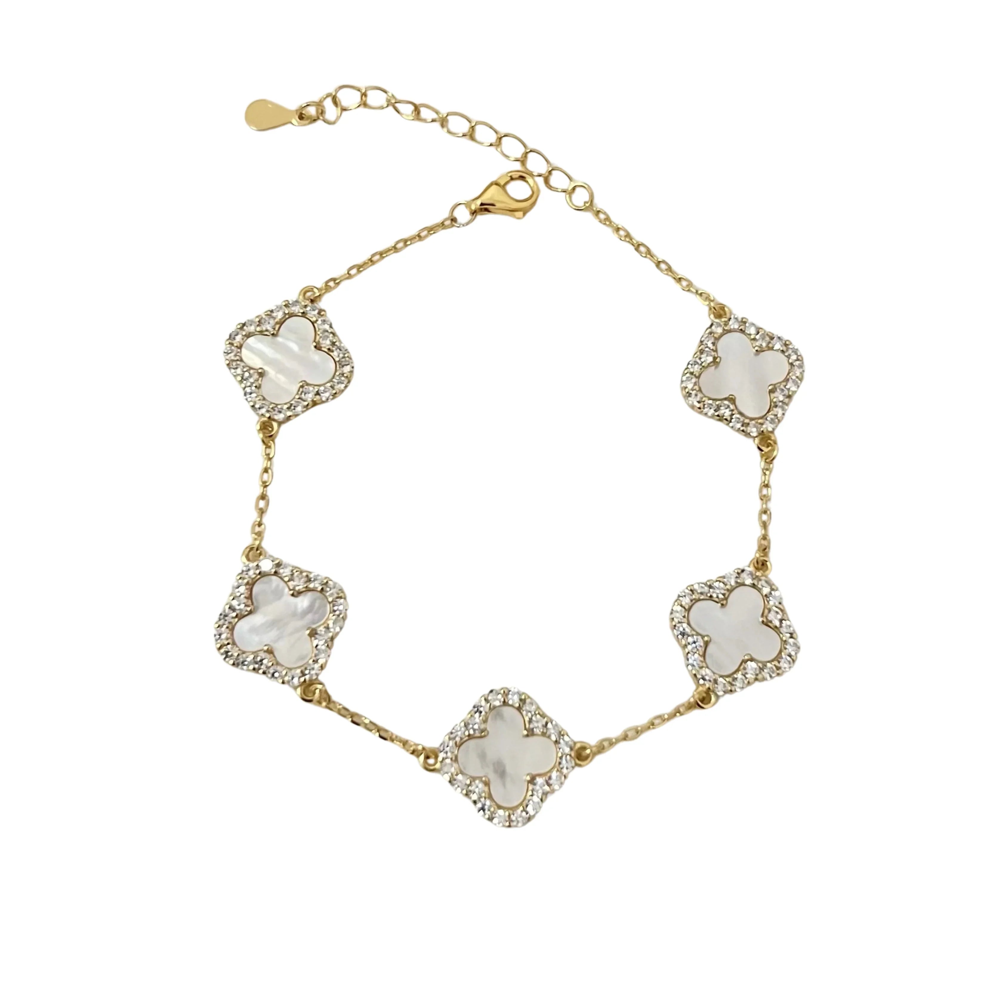 Sterling Silver Diamond Mother Of Pearl Clover Bracelet - camillaboutiqueshop