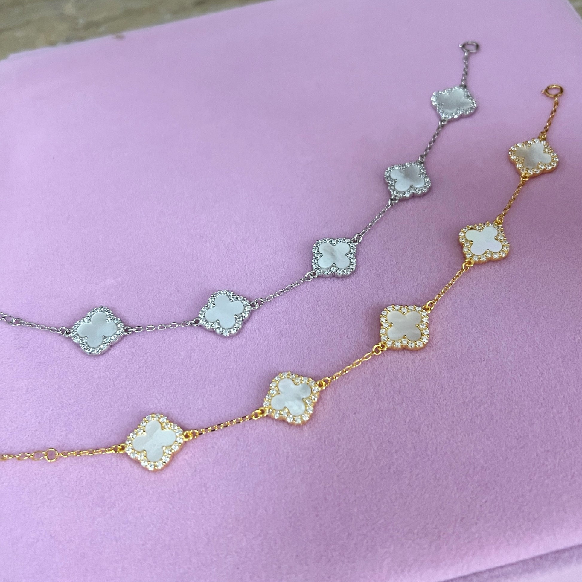 Sterling Silver Diamond Mother Of Pearl Clover Bracelet - camillaboutiqueshop