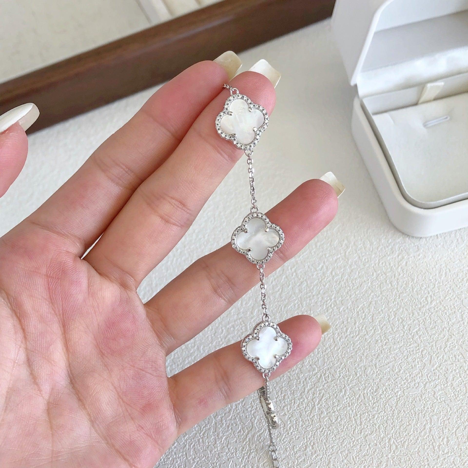 Sterling Silver Diamond Mother Or Pearl Clover Bracelet - Camillaboutiqueshop