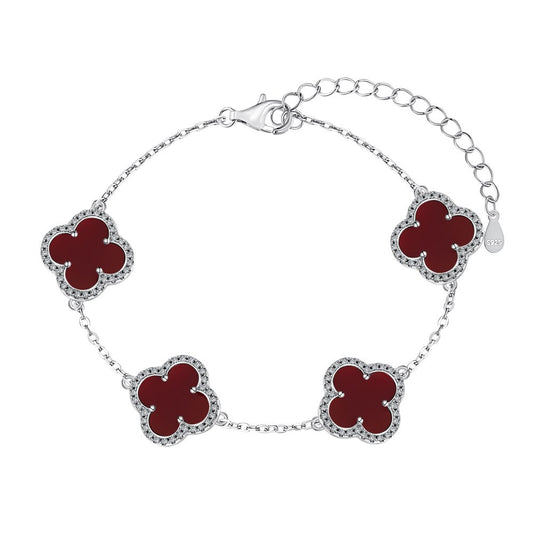 Sterling Silver Diamond Red Carnelian Clover Bracelet - Camillaboutiqueshop