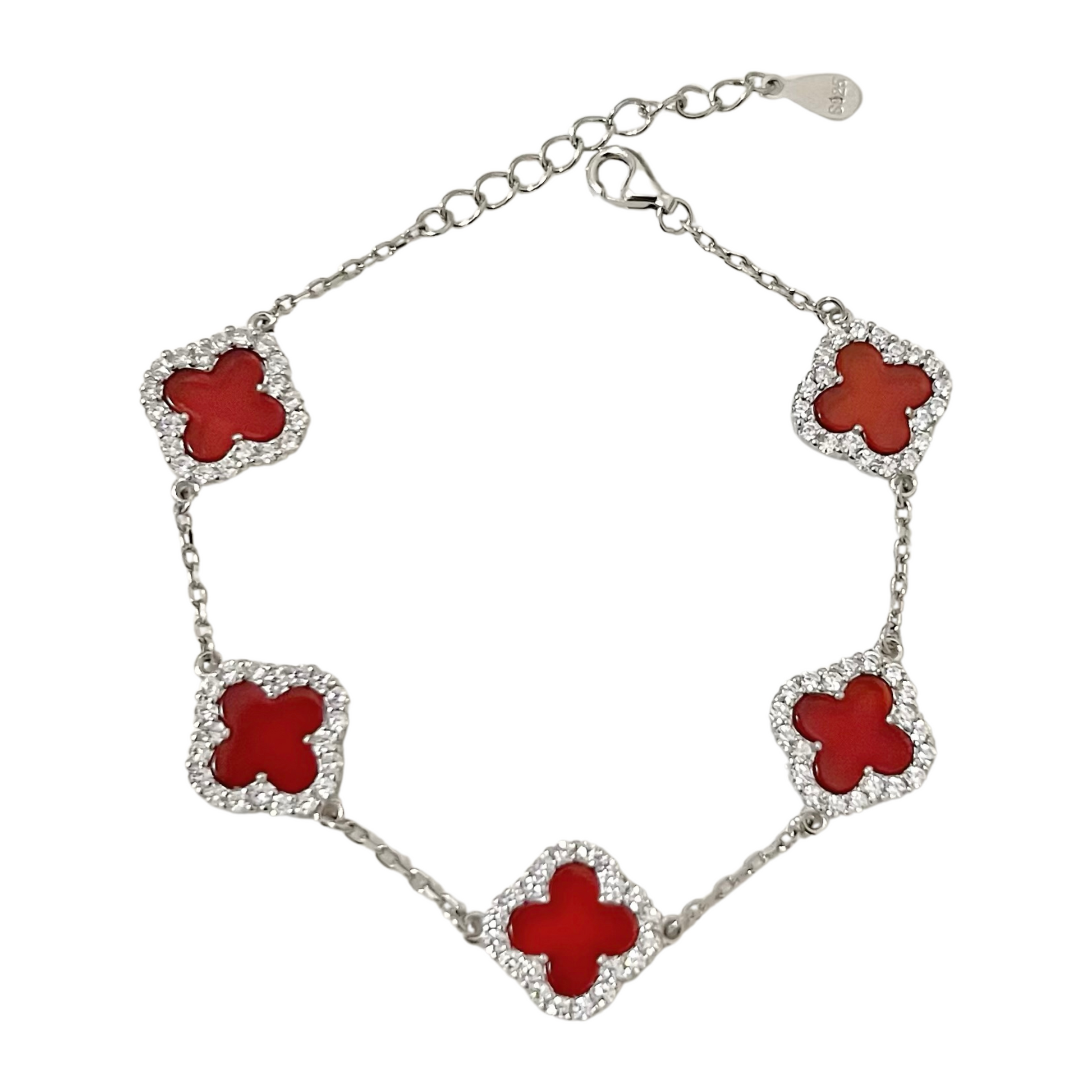 Sterling Silver Diamond Red Carnelian Clover Bracelet - Camillaboutiqueshop