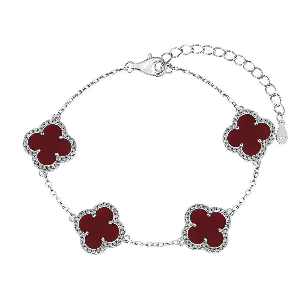Sterling Silver Diamond Red Carnelian Clover Bracelet - Camillaboutiqueshop