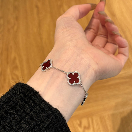 Sterling Silver Diamond Red Carnelian Clover Bracelet - Camillaboutiqueshop
