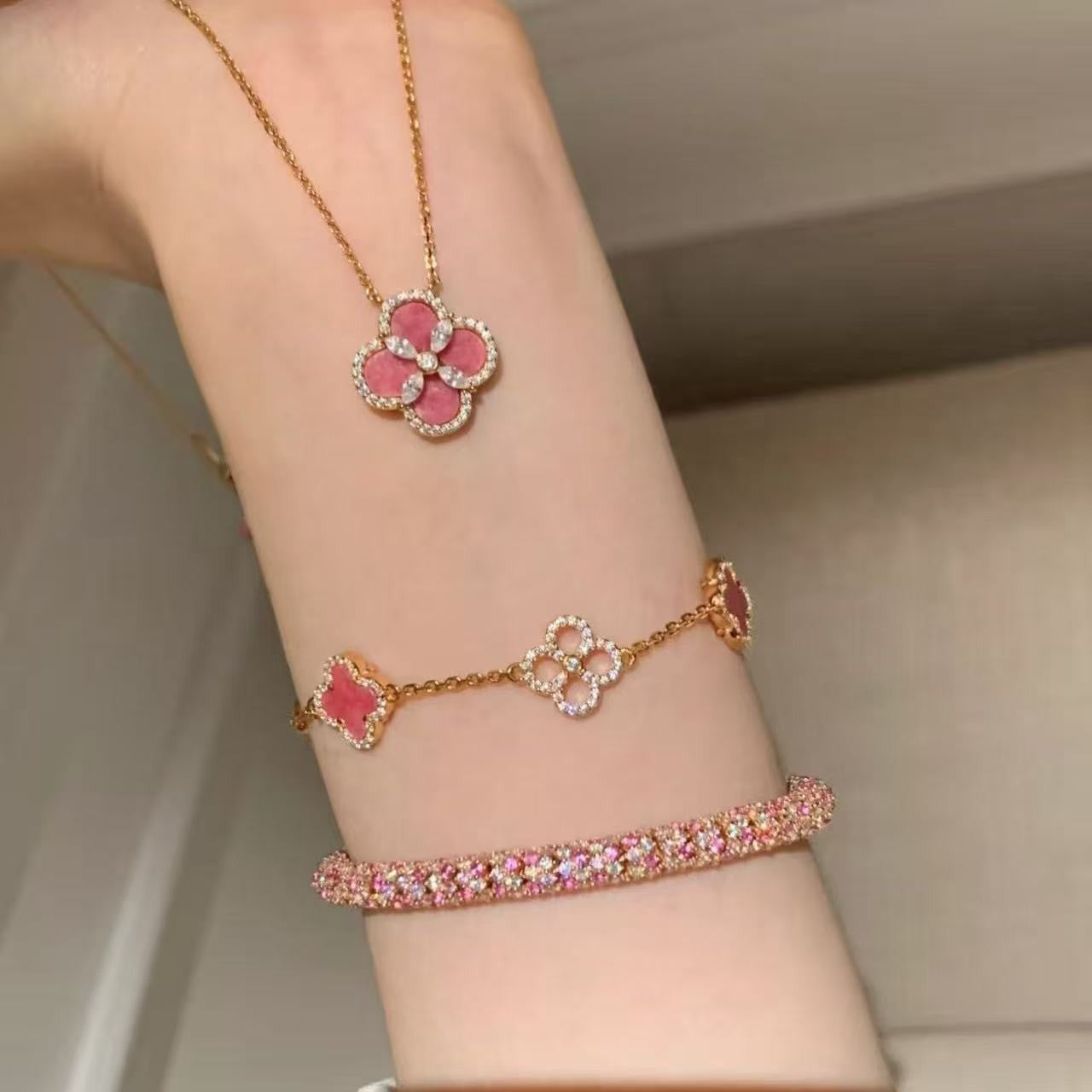 Sterling Silver Diamond Sakura Pink Clover Jewelry Set - Camillaboutiqueshop