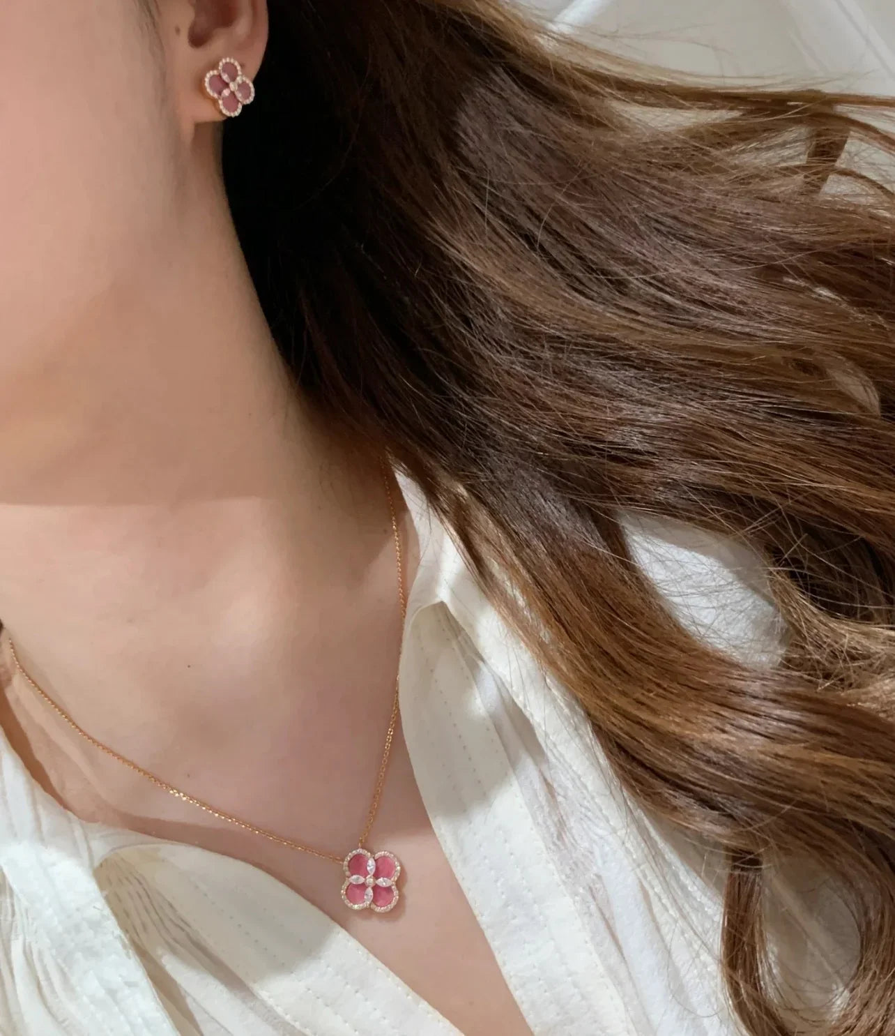 Sterling Silver Diamond Sakura Pink Clover Bracelet Jewelry Set - camillaboutiqueshop