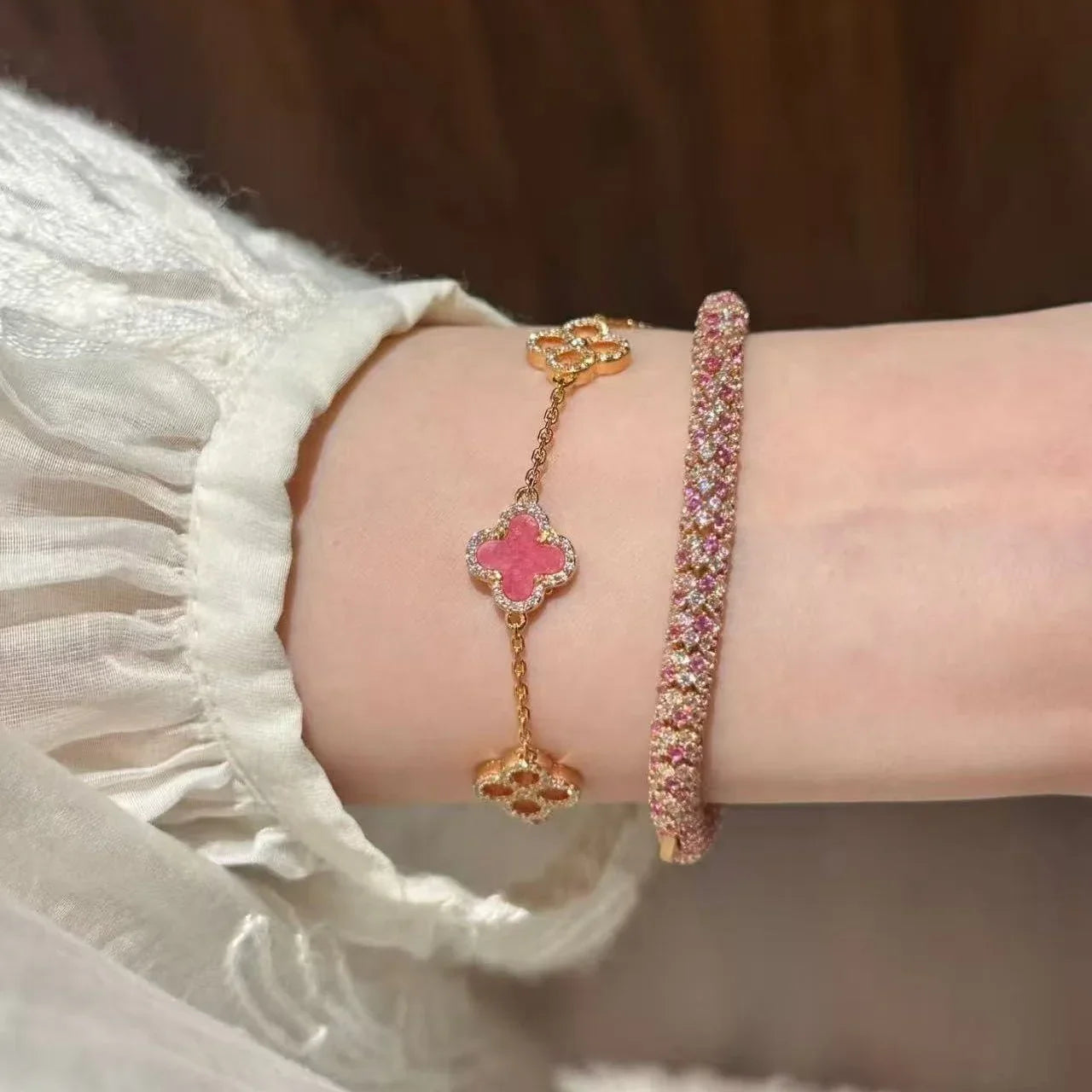 Sterling Silver Diamond Sakura Pink Clover Bracelet Jewelry Set - camillaboutiqueshop