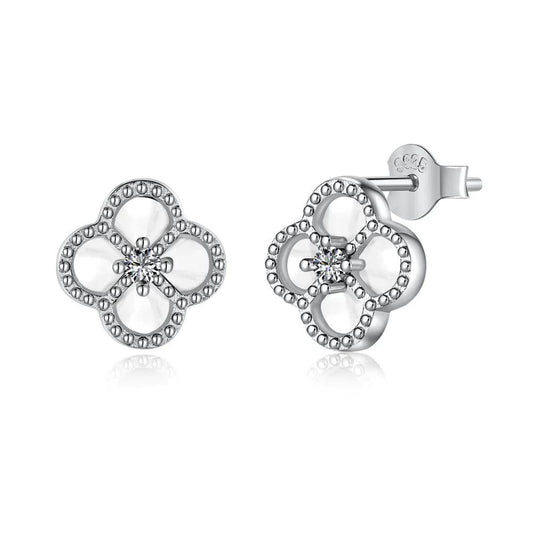 STERLING SILVER WHITE MOTHER OF PEARL CLOVER EARRINGS - Camillaboutiqueco